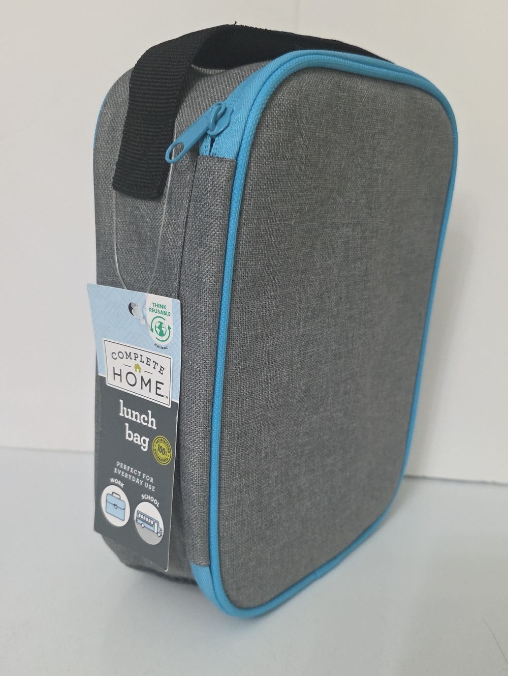 Complete Home Gray and Blue Lunch Bag with Handle, NWT